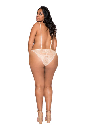 LI257 Roma Confidential Wholesale Plus Size Lingerie Beige Simply Stunning Low Plunge and High Leg Eyelash Teddy