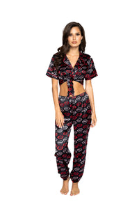 Roma Confidential LI351 Lips Satin Pajama Set Chic 2 Piece Satin Pajama Set with Collared Tie Top and Full Pant Bottoms Adorned with a Lip Print