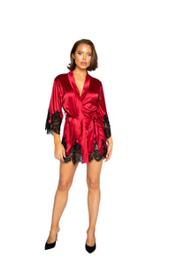 Roma Confidential LI368 Elegant Cutout Eyelash Lace Robe Elegant Red Satin Short Robe with Black Eyelash Lace Trim Cutouts on Armas and Along Bottom
