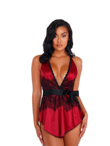 2pc Satin & Lace Babydoll with Tie
